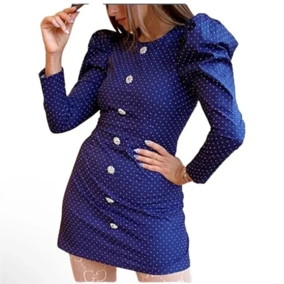 NWT DANIELLE BERNSTEIN Navy Long puff sleeves POLKA DOT DRESS Rhinestone buttons - Picture 1 of 10